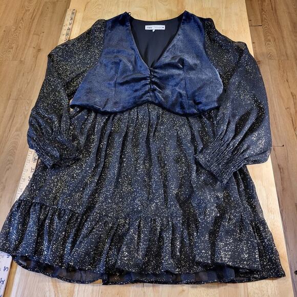 Zara Dresses & Skirts - Zara Small Blue Velvet Gold Flecked Sparkle Blue Ruffle 18" P2P